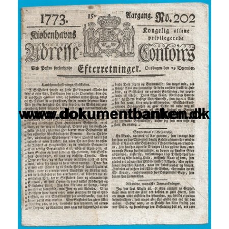 Kbenhavns Adressecontoirs Efterretninger, Avis,  Nr 202, December 1773
