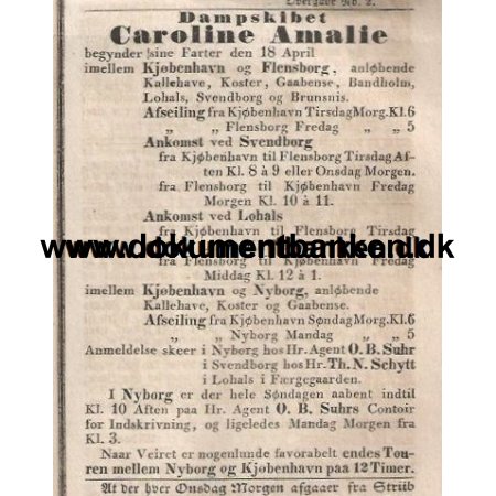 Dampskibet Caroline Amalie Sejlplan Fyns Stifts Avis 1845