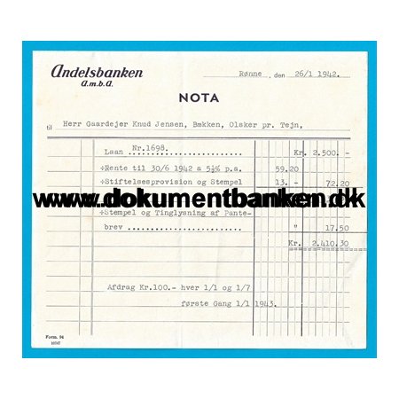 Andelsbanken, Rnne, Nota, 26 januar 1942