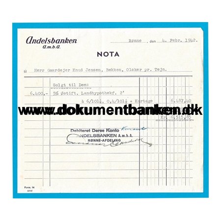 Andelsbanken, Rnne, Nota, 4 Februar 1942 