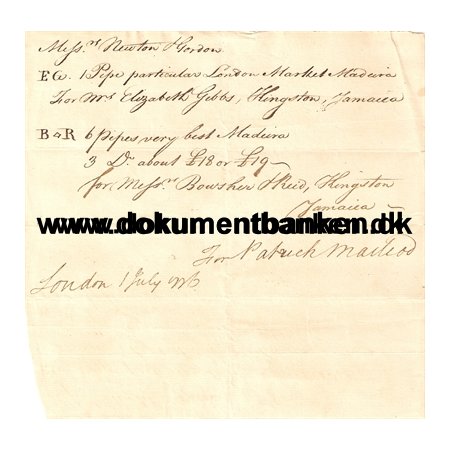 Orderform of Wine delivered for Kingston, Jamaica, 1 juli 1776