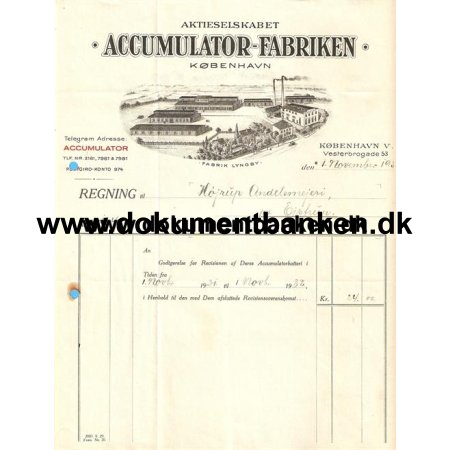 Lyngby, Accumulator, Fabrikken, Faktura, 1932
