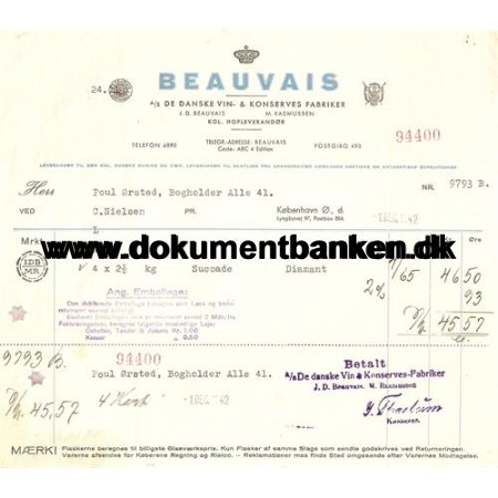 Beauvais, Lyngbyvejen 97, 2100 , Faktura, 1942
