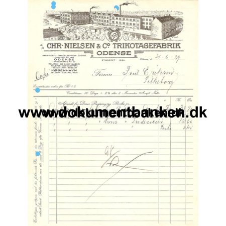Odense, Chr. Nielsen & Co Trikotagefabrik, Faktura, 21 Juni 1929