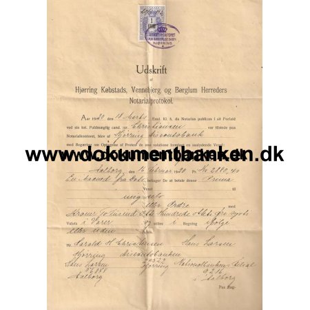 Hjrring Kbstads Notarialprotokol, Dokument, 1 Kr. stempelmrke, 1920