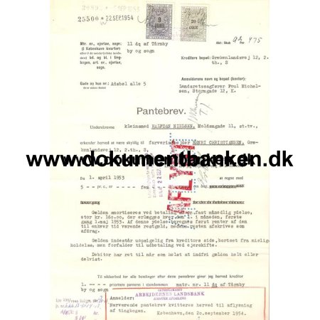 Pantebrev, Dokument, 9 Kr + 20 re. stempelmrke, 1954