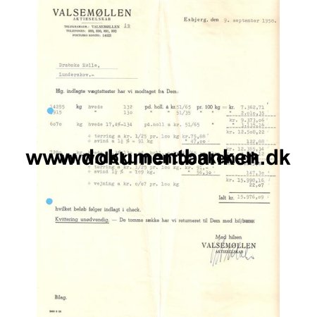 Valsemllen, Aktieselskab, Esbjerg, Faktura, 1958