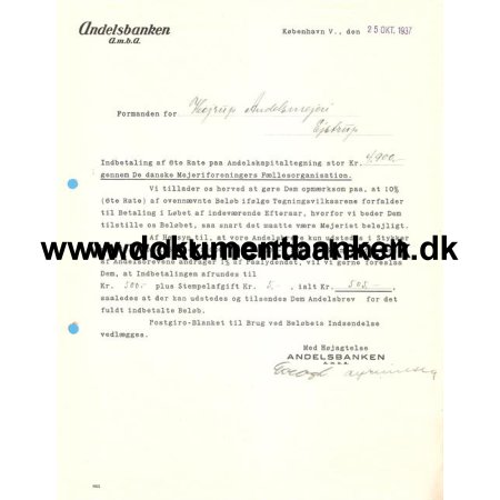 Andelsbanken, A.m.b.a., Andelskapitaltegning, 1937