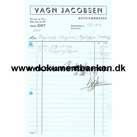 Kolding, Vagn Jacobsen, Auto-Vrksted, Faktura, 1944