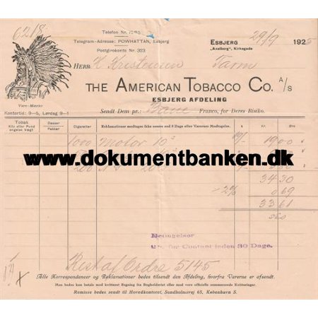 American Tobacco Co A/S, Esbjerg, Faktura 1925