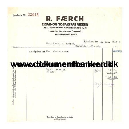 R. Frch, Cigar- og Tobaksfabrikker, Hambrosgade 4, Faktura