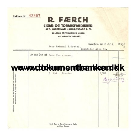 R. Frch, Cigar- og Tobaksfabrikker, Hambrosgade 4, Faktura