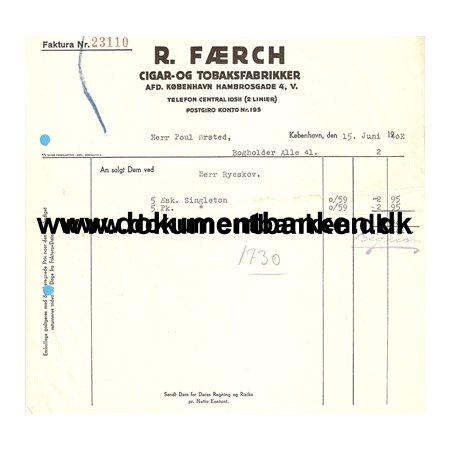 R. Frch, Cigar- og Tobaksfabrikker, Hambrosgade 4, Faktura