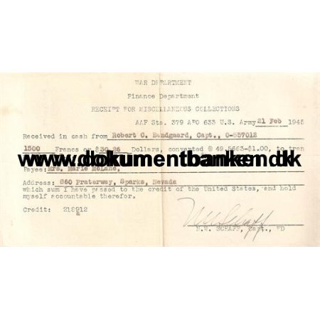 Receipt For Miscellaneous Collections, Capt. 21 Februar 1945