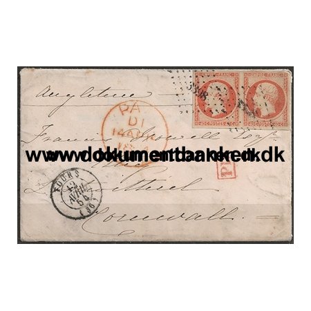 Brev Tours Frankrig til Cornwall England 1854