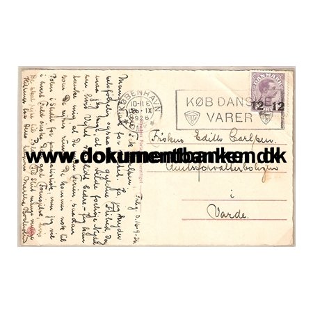 Postkort. 12 re overtryk p 15 re. Fra Kbenhavn til Varde. 18 september 1926