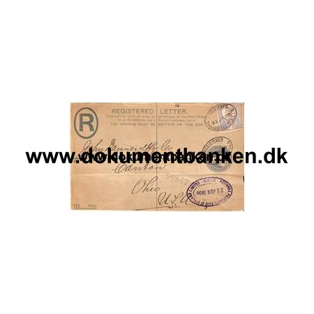 R-brev forside. 5 Pence. Sendt til U.S.A. 1900