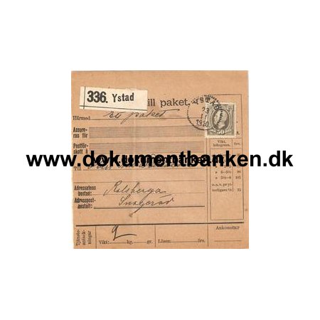 Ystad. Adresskort till paket. 1910