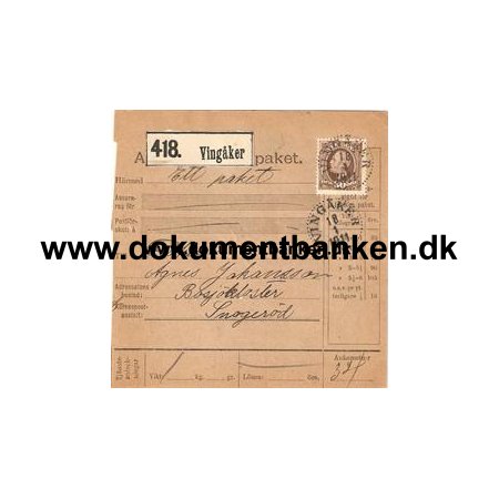Vingker. Adresskort till paket. 1911