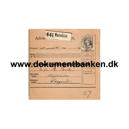 Marieholm. Adresskort till paket. 1912