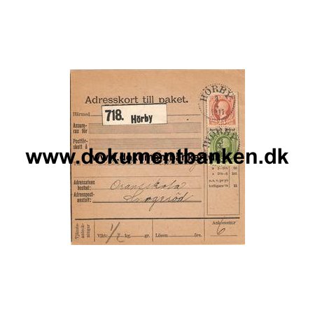 Hrby. Adresskort till paket. 1911