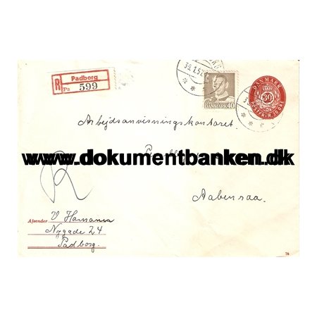 R-brev Padborg til Aabenraa. Opfrankeret helsag. 40 + 30 re. 1957