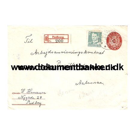 R-brev Padborg til Aabenraa. Opfrankeret helsag. 50 + 30 re. 1956