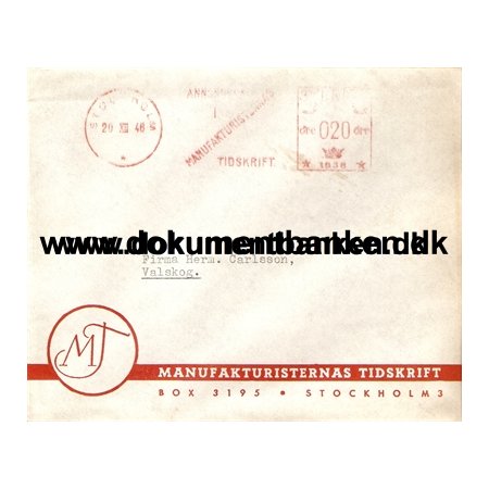 M.T. Manufakturisternes Tidskrift, Brev, Stockholm, 1946