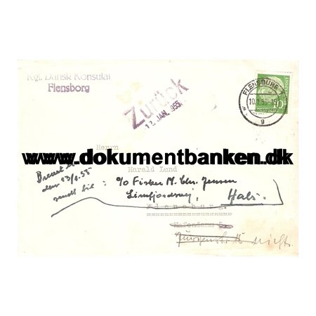 Kgl. Dansk Konsulat i Flensborg, Returforsendelse med lukkemrkat 1955
