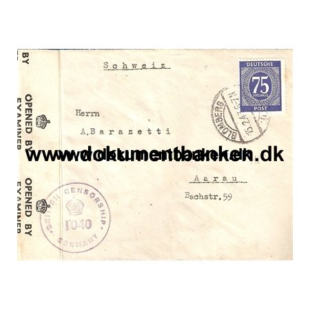 Allieret Zone. Censur Kuvert Blomberg, 75 Pfennig,  1947. 