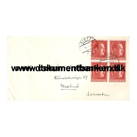 Kuvert med Tyske frimrker stemplet Rietz (strig) 1938