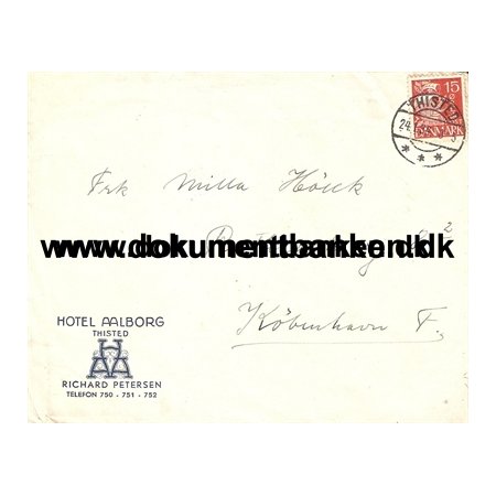 Hotel Aalborg i Thisted, Kuvert, 1934