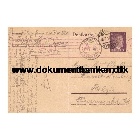 Helsag, Censureret kort fra D.A.F. Lager 1, Tvangslejr til Belgien. 13/3 1944