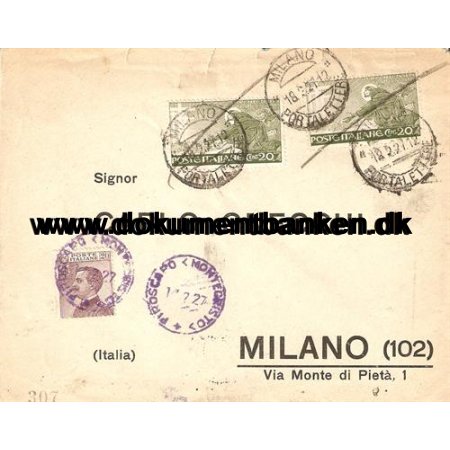 Italien, Kuvert, Sendt til Milano, 1927