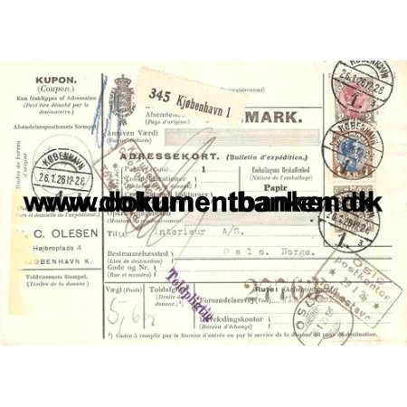 Adressekort, Perfin C.O. for pakke sendt til Norge, 1926