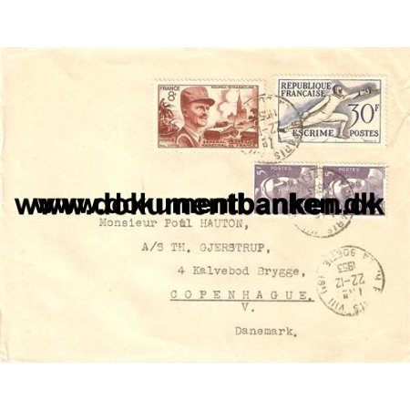 Frankrig, Kuvert, Sendt til Danmark, 1953