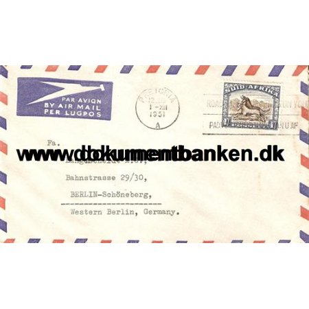 South Africa. Air Mail kuvert 1951