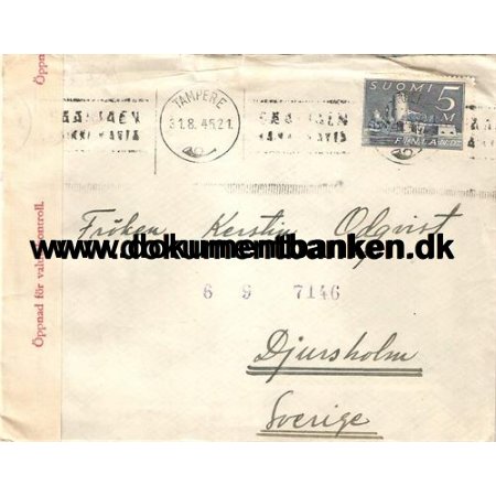 Finland. Kuvert 5 Mark. bnet for Valutakontrol. 1945