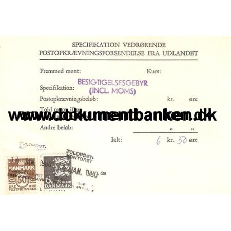 Postopkrvningsforsendelse (Specifikation) fra udlandet. 6,50 Kr. 1980