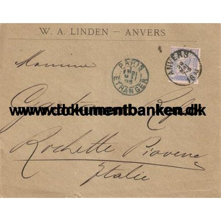 Belgien. Kuvert sendt til Italien. 1893