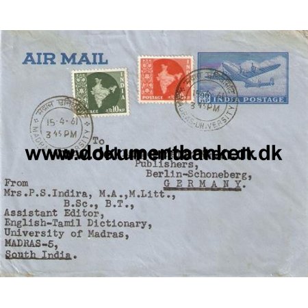Indien. Opfrankeret Helsags Luftpostkuvert. 1961
