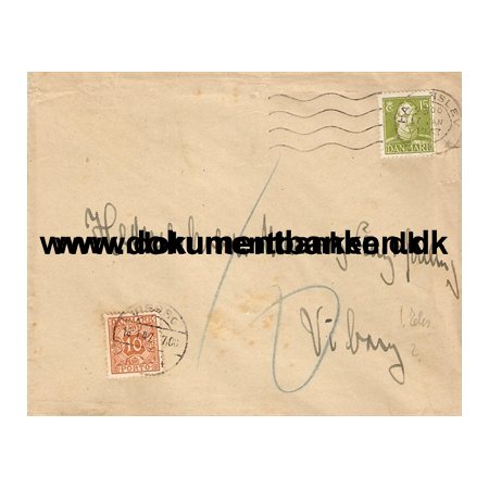 Kuvert fra Haderslev til Viborg, 10 re Strafporto, 1957
