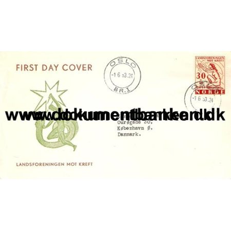 Norge, FDC, Landsforeningen mod krft, 30 + 10 re, 1953