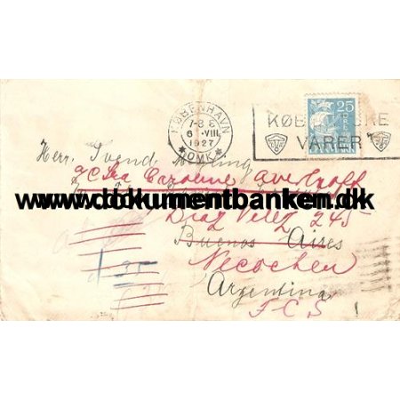 Danmark, Eftersendt Kuvert, Buenos Aires, Argentina, 6 august 1927