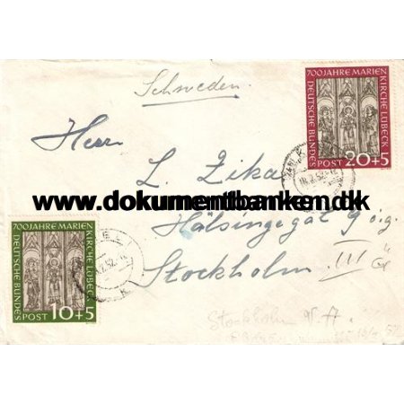Tyskland, Marienkirche, Kuvert sendt til Sverige, 1952