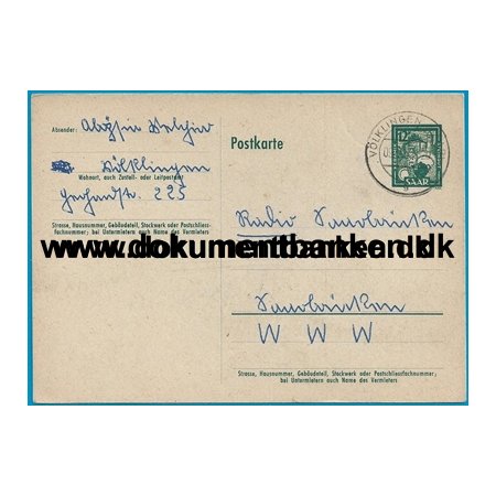 Saar, Tyskland, Postkarte, 1952