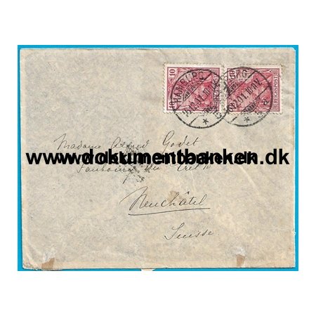 Tyske Rige, Germania 2 X 10 Pf., REICHPOST, Kuvert til Schweiz, 1901