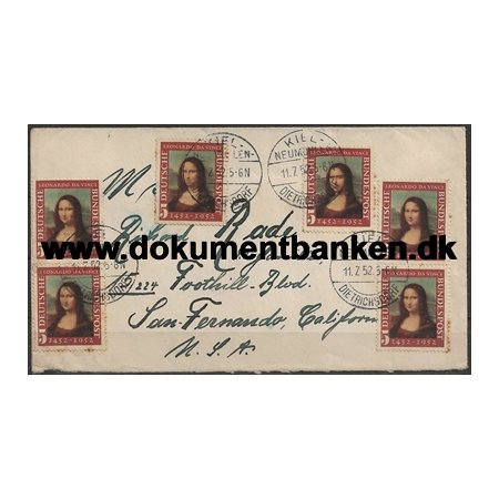 Bundespost 500 rs Fdselsdag Leonardo Da Vinci Kuvert 1952