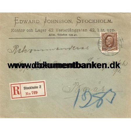 Edward Johnsson, Vesterlngsgatan 42. Stockholm 2. Kuvert, 1903