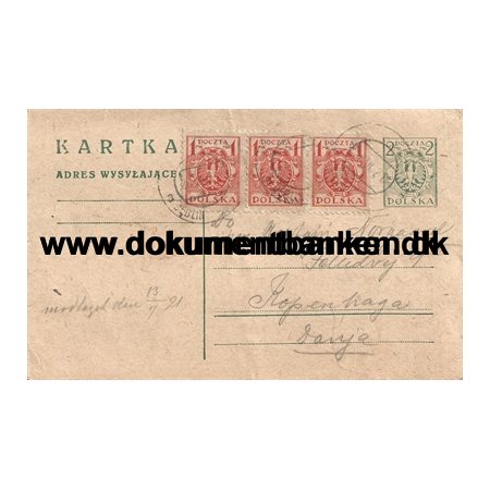 Brevkort, Opfrankeret Helsag, Polen, 1921